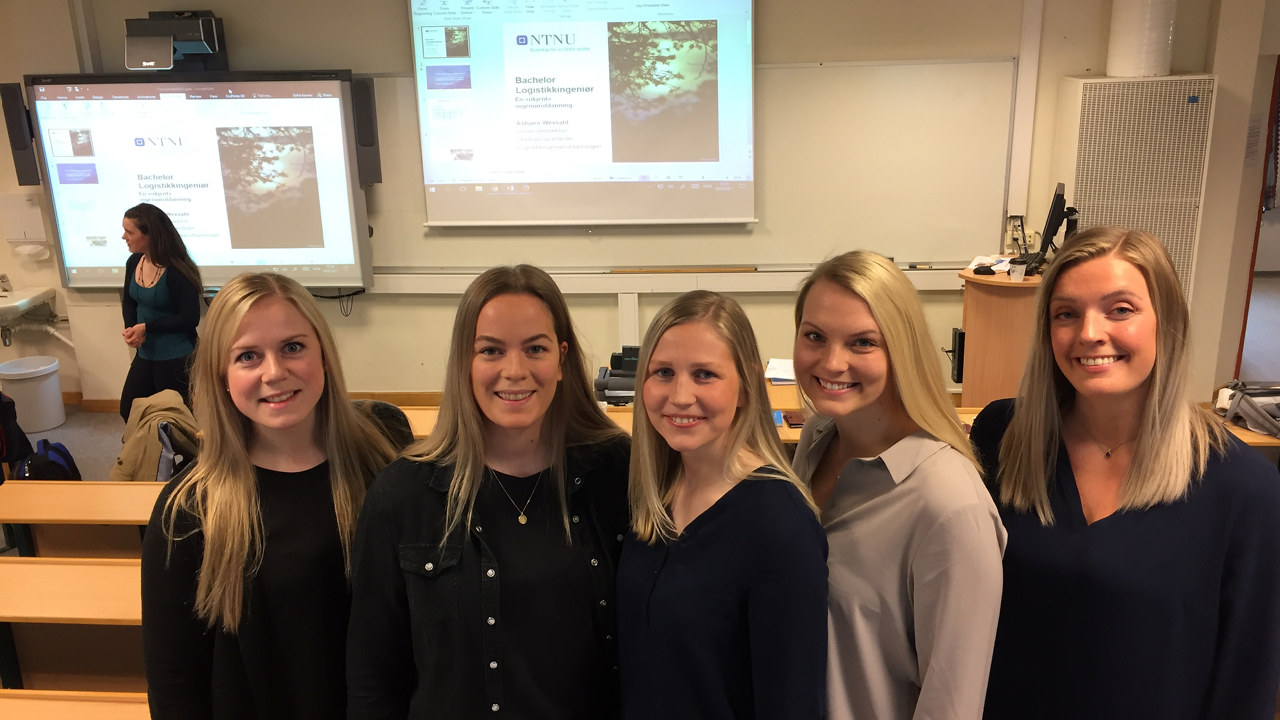 NTNU-studentene Andrea Nes, Eline Sunde, Guro Emma Rødsjø, Kristina Stenbro og Sofie Aarmo. (Foto: Baard Fiksdal)
