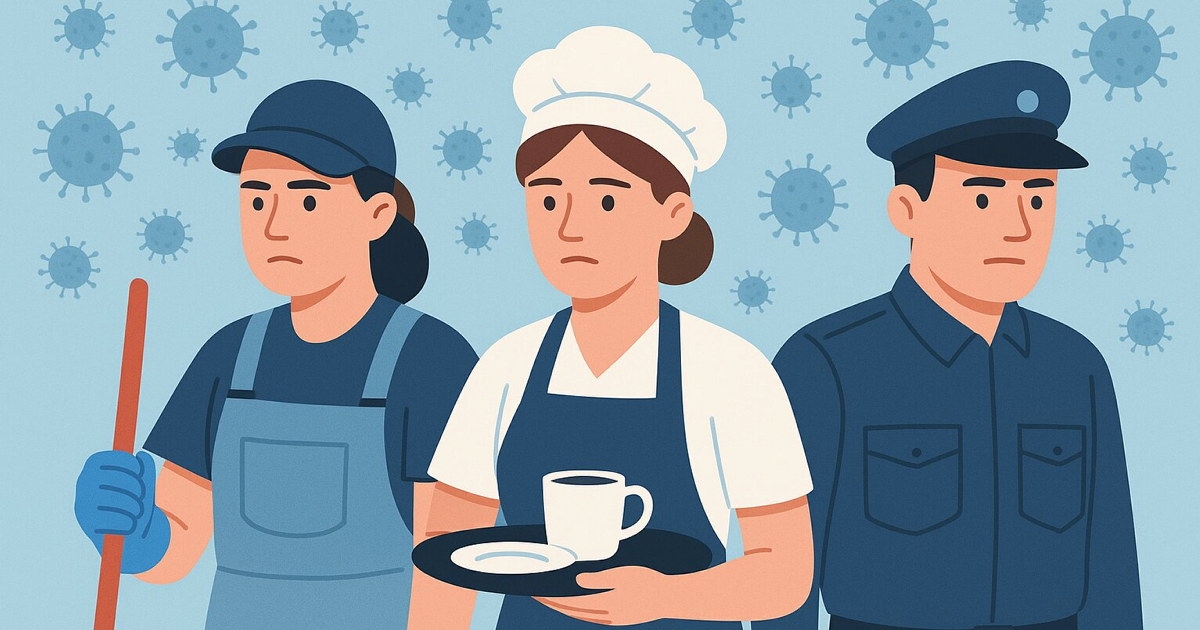 tegning av renholder, kantine og vakt