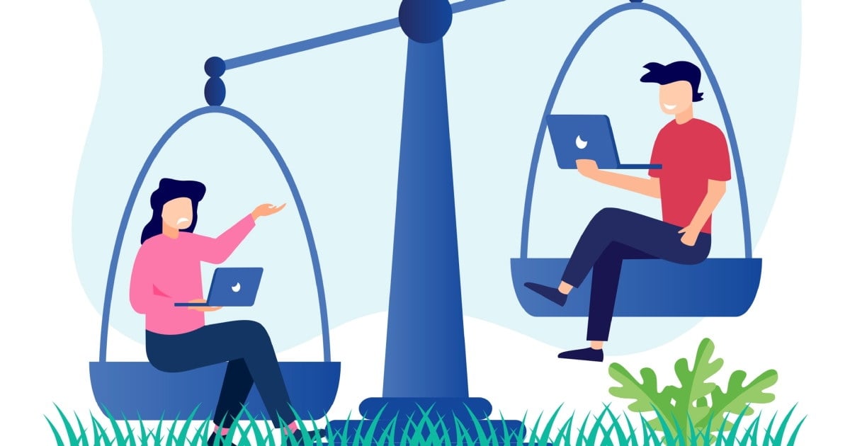 Tegning av mann og kvinne som sitter i en vektskål