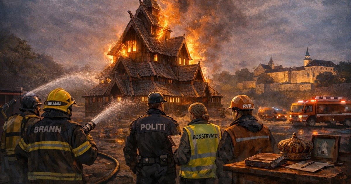 Stavkirke brenner. redningsmannskaper, tegning