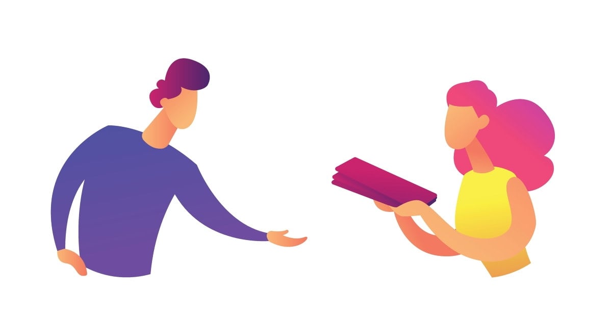 tegning av kvinne som overleverer dokumenter