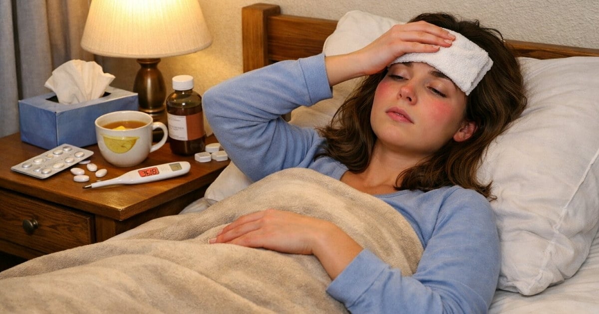 jente ligger i sengen med feber