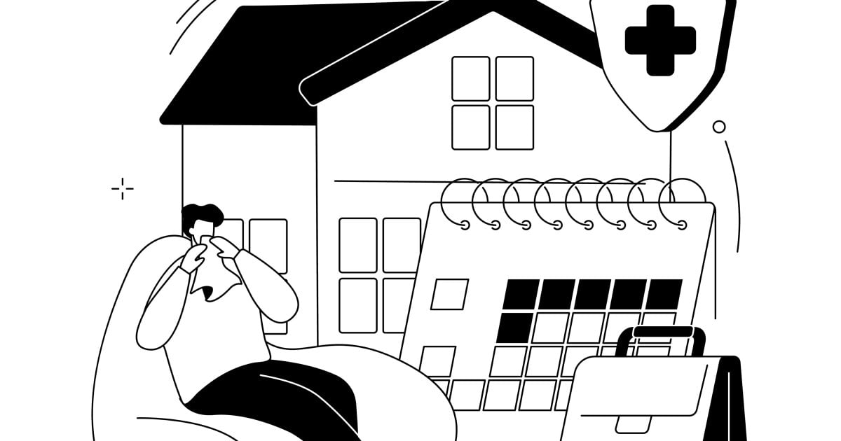 Strektegning av hus og syk person og en kalender