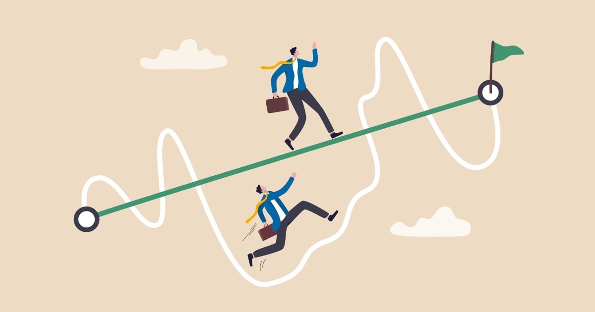 tegning av en rett strek over en kronglete rute