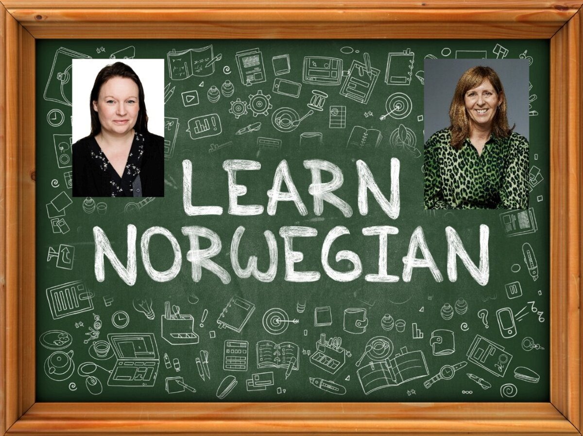 motasje med to portretter å¨en tavle som sier Learn norwegian
