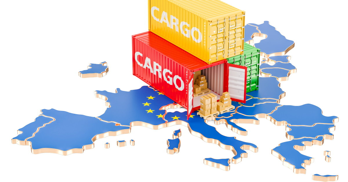 EU-kartet med tre containere full av pakker