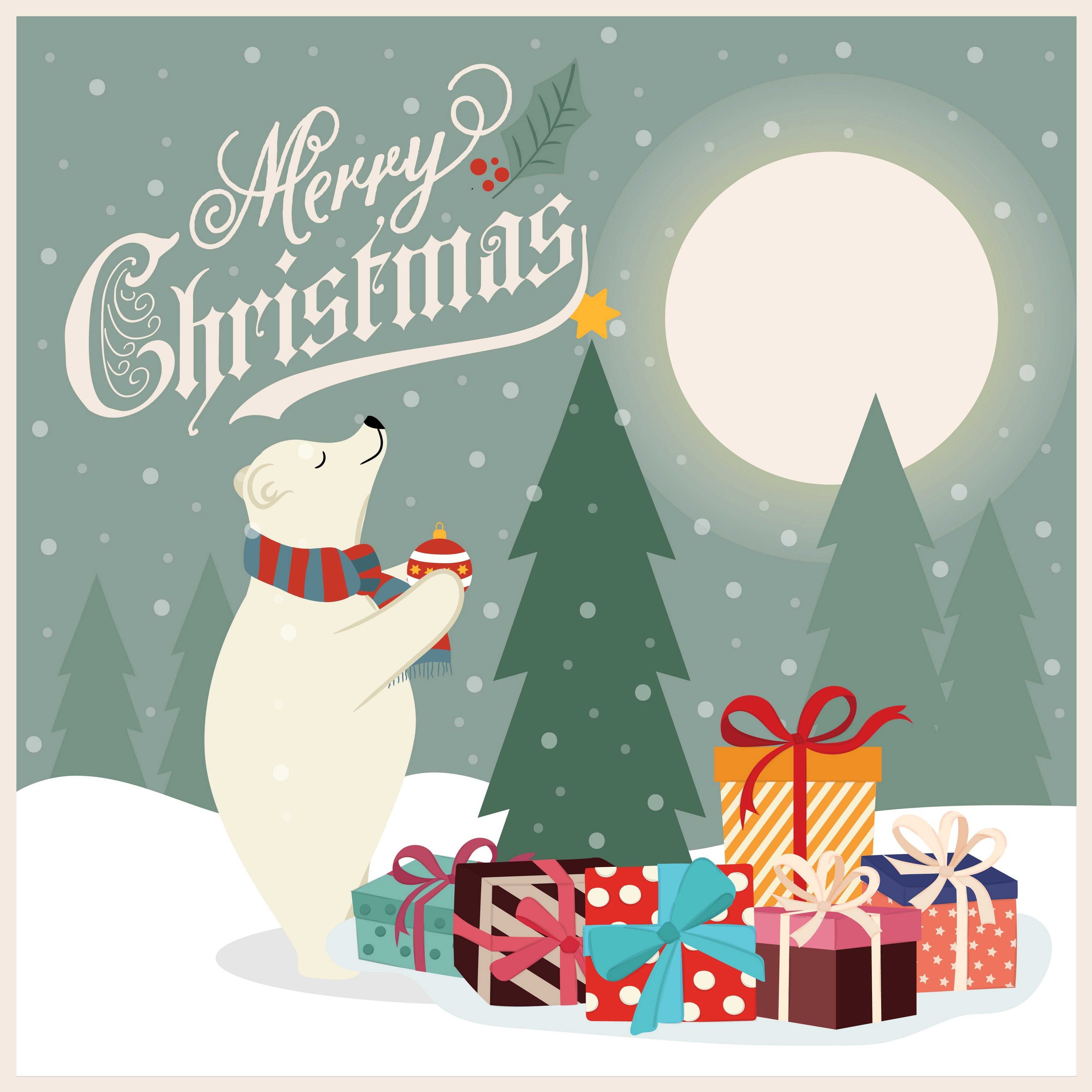 tegning av isbjørn som pynter juletre